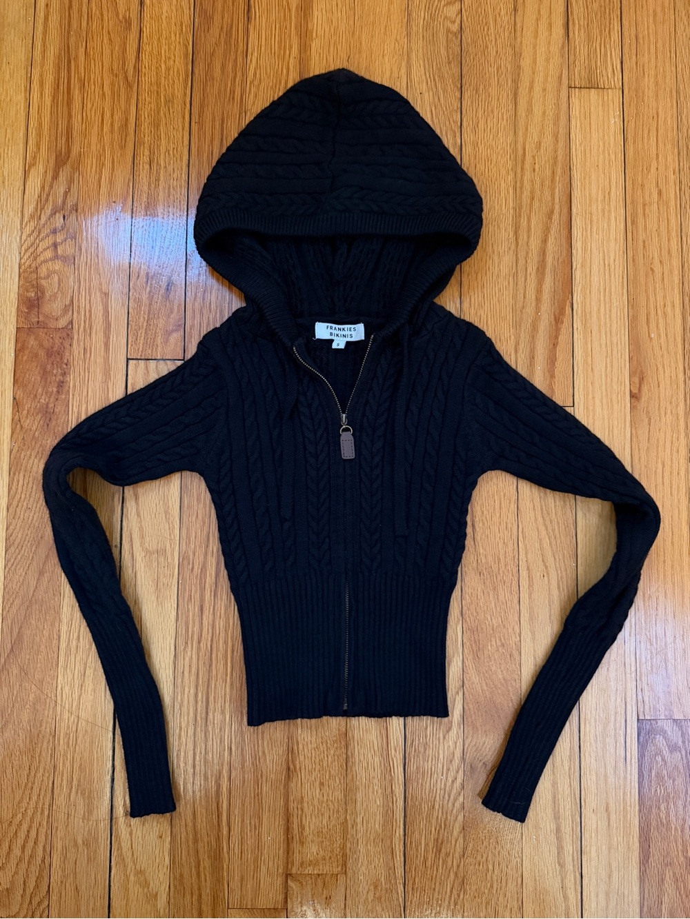 Frankie's Bikinis Aimee Black Cable-Knit Hoodie Zip Jacket